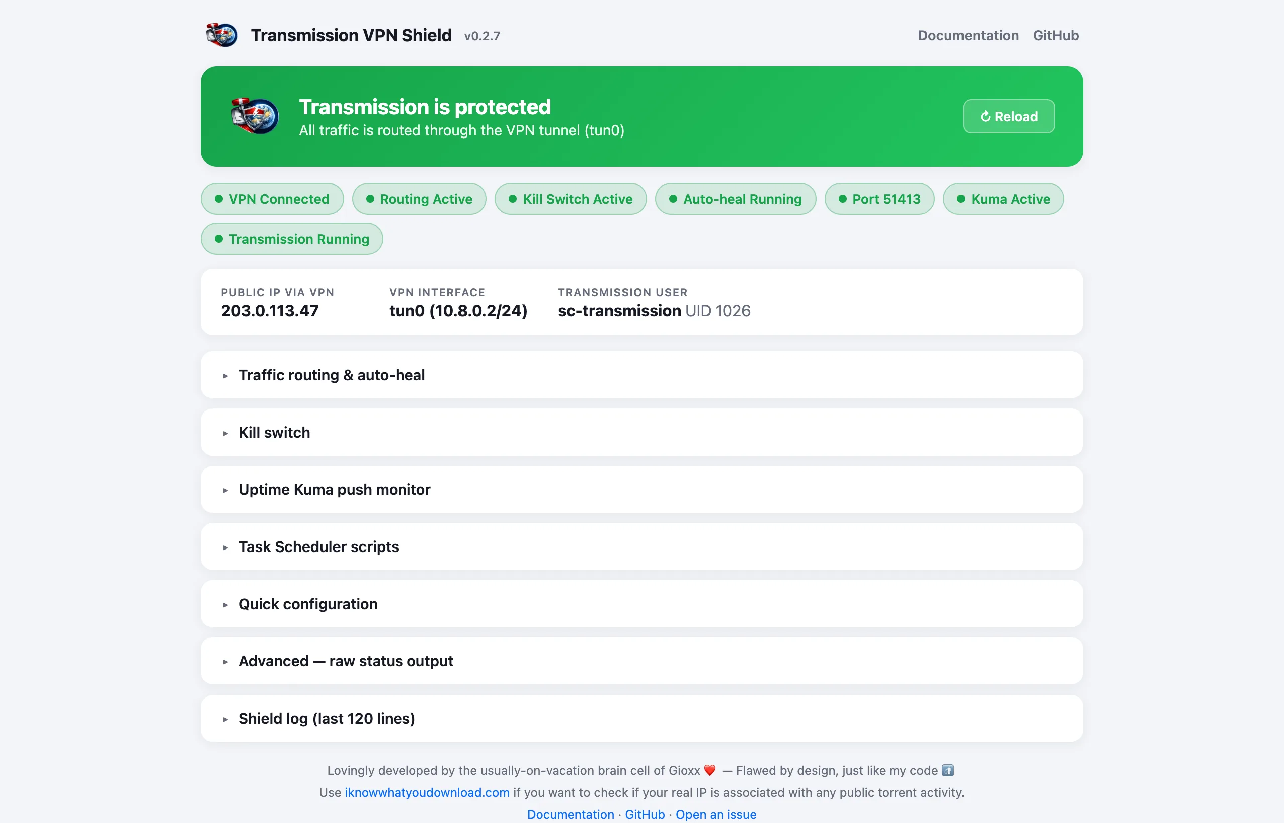 Transmission VPN Shield status page: Transmission protected, VPN connected, routing and kill switch active, forwarded port open