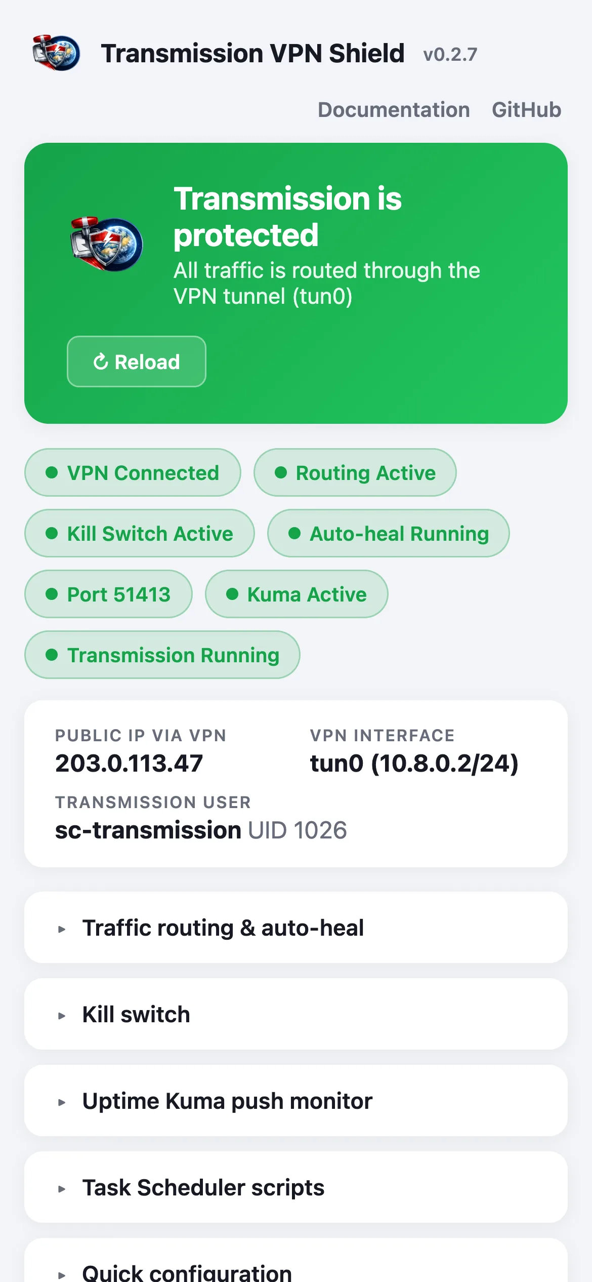 Status page on a phone