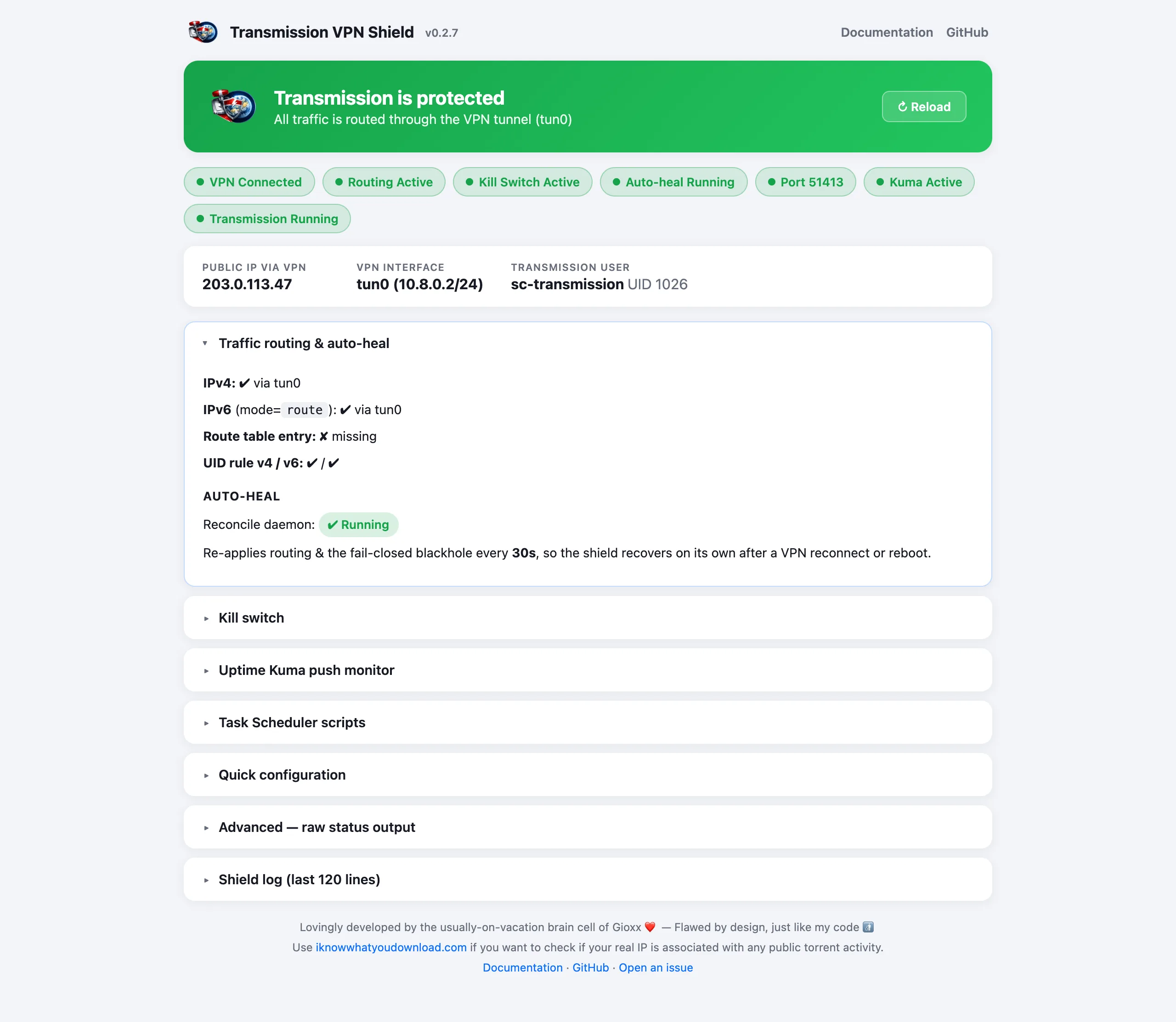 Status page with every check green and the Traffic routing and auto-heal section expanded