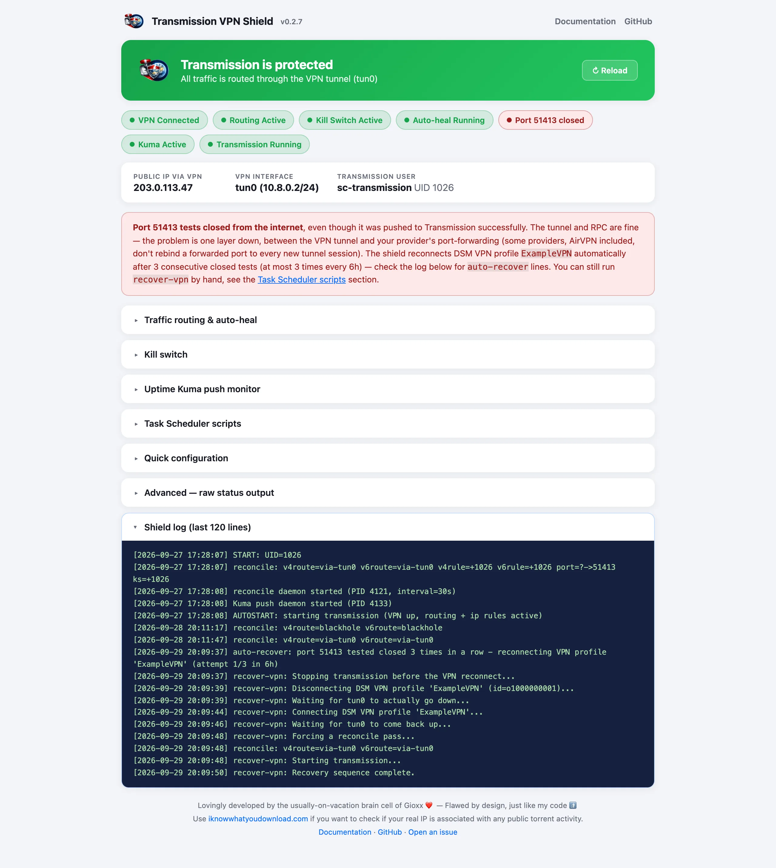 Status page with the forwarded port closed, the alert explaining the automatic reconnect, and the shield log showing a previous automatic recovery